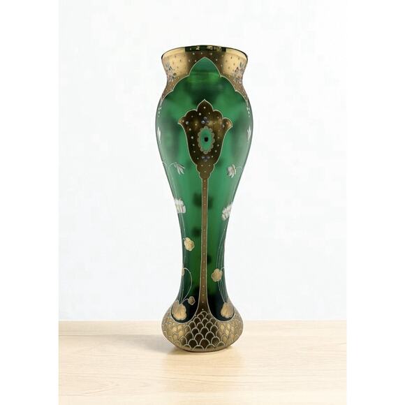 Antique Bohemian Art Nouveau 14" Glass Vase Red Jewel Accents Gilt maybe Moser - Picture 1 of 12